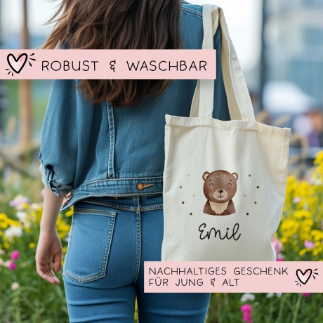 Brauner Bär Stofftasche Einkaufstasche Kinder-Beutel mit Namen als Sporttasche, Wechselwäsche, Tragetasche -für Kita Schule & Kindergarten