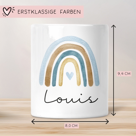 Personalisierte Kinder Spardose Regenbogen Aquarell mit Namen und Datum - Blau - Geschenk für Mädchen zum Geburtstag Weihnachten Firmung