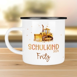 Schulkind LKW Kipplaster Emaille-Tasse für Schulkinder Einschulung Schulanfang  - personalisiertes Kindergeschirr mit Namen