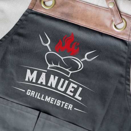 Grillmeister Grillschürze personalisiert für Männer mit Namen Kunstleder Applikation zum Geburtstag, Weihnachten Baumwollschürze, Geschenk