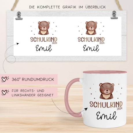 Schulkind 2024 Tasse, personalisierte Kindertasse mit Namen, Einschulungsgeschenk Bär