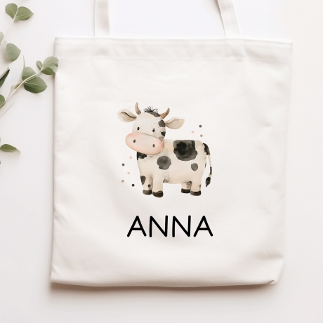 Stofftasche Kuh mit Namen personalisiert Kinder-Beutel als Sporttasche, Wechselwäsche, Stoffbeutel - Kita, Kiga, Schule & Kindergarten