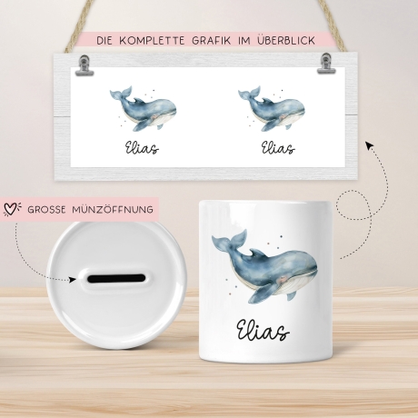 Personalisierte Kinder Spardose Wal Tier mit Namen optional mit Datum - Blau - Geschenk für Junge & Mädchen zum Geburtstag Weihnachten