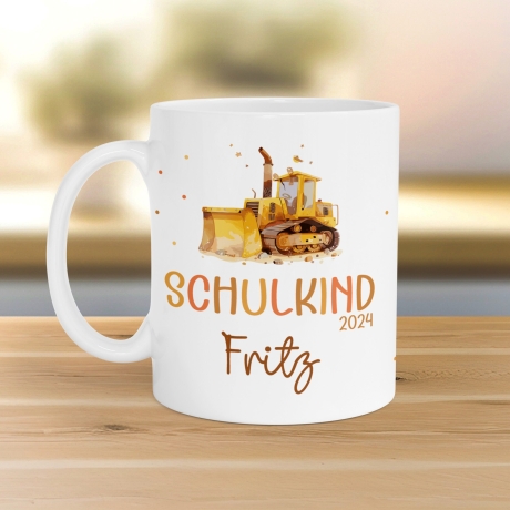 Schulkind 2024 Tasse Kindertasse, Wunschnamen Bagger Motiv, Personalisierte Einschulung Geschenk