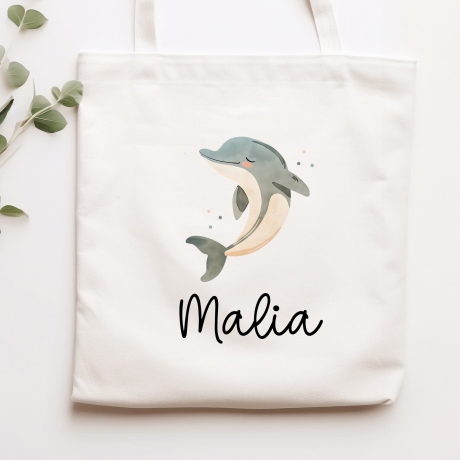 Stofftasche Delfin Delphin Personalisiert und Namen. Meer. Für Kindergarten und Schule - Wäschebeutel Wechselwäsche KITA | Mädchen & Junge