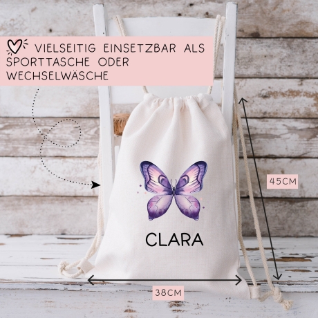 Kinder Turnbeutel Schmetterling Personalisiert | Rucksack mit Wunschnamen | Gymbag, Sportbeutel für Schule, Kindergarten, Trainingsbeutel