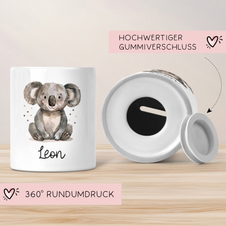 Personalisierte Kinder Spardose Koala Tier mit Namen optional mit Datum - Braun - Geschenk für Junge & Mädchen zum Geburtstag Weihnachten