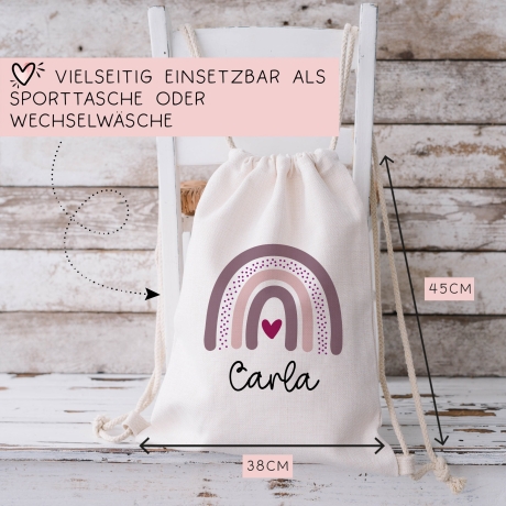 Turnbeutel Regenbogen Personalisiert aus Bio-Baumwolle | Mit Wunschnamen | Rucksack für Wäschebeutel Schule und Kindergarten Einschulung