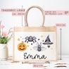 Halloween Stoff Tasche mit Namen | Beutel mit Geist, Kürbis, Spinne & Hut | Candy Bag mit Namen | Tragetasche für Kinder für Süßigkeiten