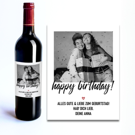 Personalisiertes - Weinetikett Geburtstags-Flaschenetikett Happy Birthday mit Foto & Namen - Schwarz