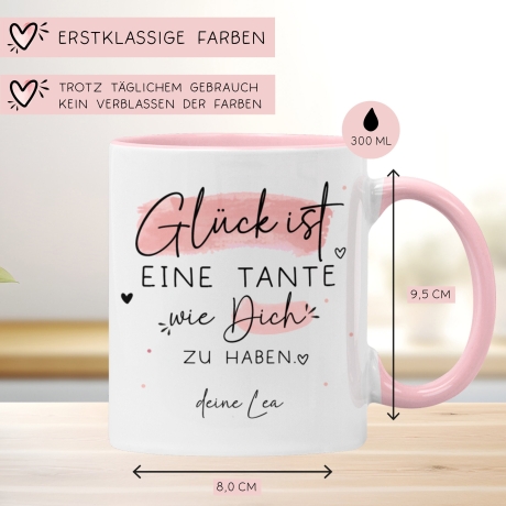 Handgefertigte Personalisierte Tasse mit Wunschnamen – Glück ist eine TANTE wie dich zu haben - Geschenk zu Ostern, Weihnachten, Geburtstag