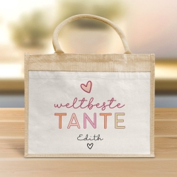 Weltbeste Tante Tasche Stoffbeutel - mit Wunschname - Einkaufstasche - Tolle Geschenkidee für mit Namen zum Geburtstag Personalisiert
