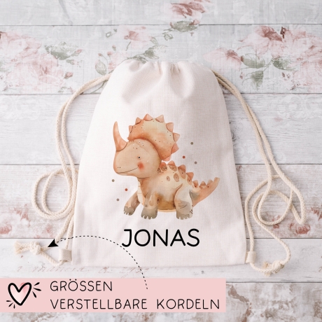 Personalisierter Turnbeutel Dinosaurier Dino Triceratops  mit Wunschnamen |Rucksack für Schule, Kindergarten,KITA,Wäschebeutel,Sportbeutel