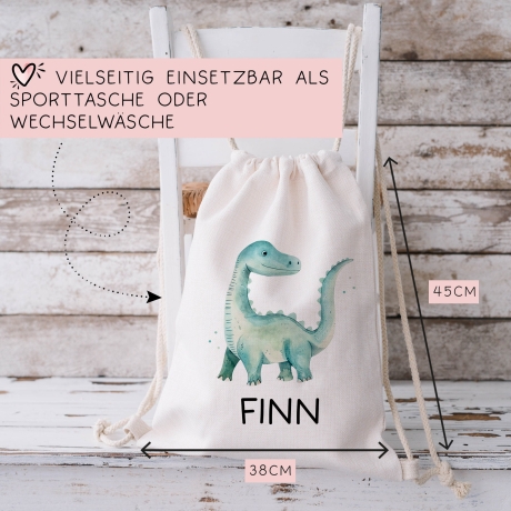 Kinder-Beutel Stoffbeutel Dinosaurier Dino Wunschname Stofftasche Brontosaurus Tasche personalisiert als Sporttasche, Wechselwäsche & Schule