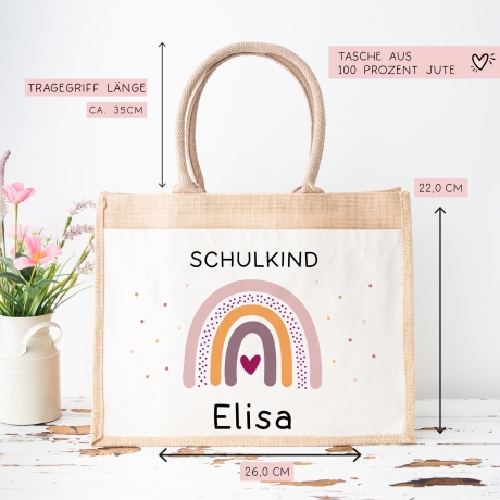Schulkind Regenbogen Einschulung Tasche | Jute Pocket |Personalisiert mit Wunschnamen | Herz als Geschenktasche für Schulanfang - 1 Schultag