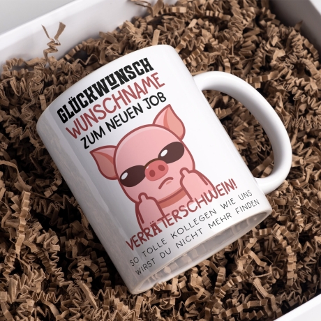 Personalisierte Tasse mit Spruch: Glückwunsch zum neuen Job Verräter! - Abschiedsgeschenk Kollegen - Kaffeetasse Sparschwein