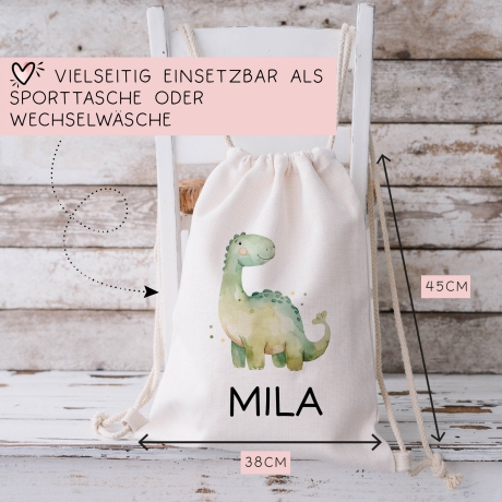 Brontosaurus Turnbeutel Dino Dinosaurier Personalisiert mit Wunschnamen | Rucksack Schule, Kindergarten, KITA, Wäschebeutel, Sportbeutel