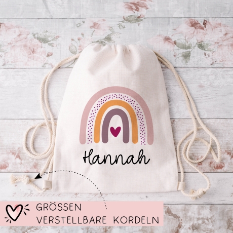 Kinder-Beutel mit Namen Personalisierter Turnbeutel | Regenbogen-Design. Rucksack für als Sportbeutel für Schule, Kindergarten Wechselwäsche