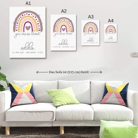 Personalisiertes Poster Geburtsposter in DIN A4 mit Regenbogen, Wunschname, Kinderzimmer Poster Name, Geschenk Baby, Geschenk zur Geburt