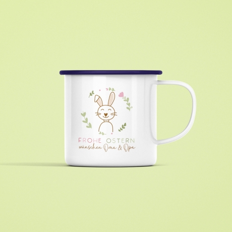 Osterbecher personalisiert mit Namen Frohe Ostern - Hase, Ostergeschenk für Kinder Männer Frauen Geschenkidee zu Ostern. Geschenk Emaille