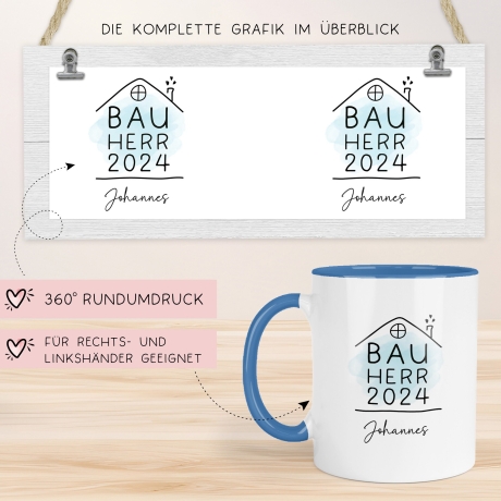 Bauherr Tasse 2024 Name, Richtfest Geschenk, Becher Geschenke zum Richtfest, Geschenkideen zum Hausbau Einweihung Hausbauer -330ml