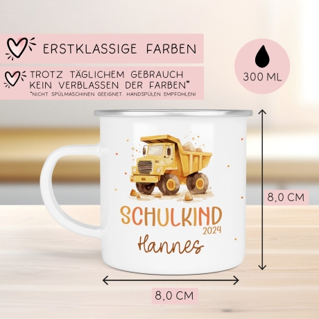LKW Kipplaster Kindertasse Schulkind Name Emaille Tasse Kind Schulanfang personalisiert Kinder Geschenk Geburtstagsgeschenk