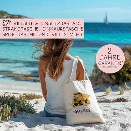 LKW Kipper Stofftasche Tasche Kinder-Beutel mit Namen Wunschname als Sporttasche, Wechselwäsche, Tragetasche - Kita, Schule & Kindergarten