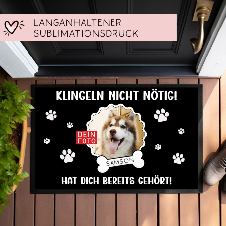 Fußmatte für Hunde- oder Katzenbesitzer Klingeln Nicht nötig! personalisiert mit Namen + Foto. Tolle Geschenkeidee für alle Tierliebhaber.
