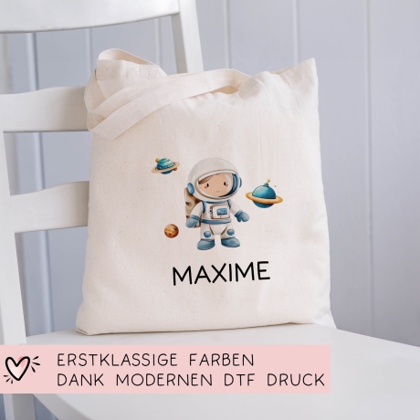 Stoffbeutel Astronaut Turnbeutel Rucksack, Kindergartentasche mit Name personalisiert Weltraum Weltall Astronaut aus Bio-Baumwolle