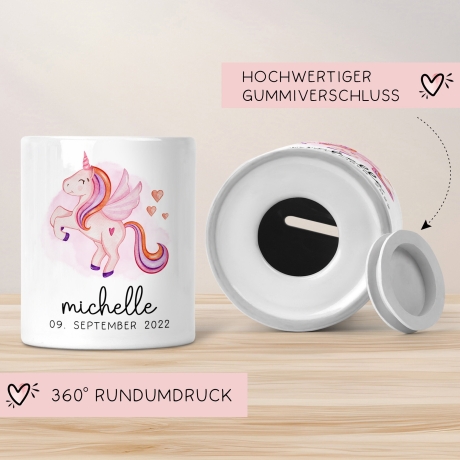 Spardose Einhorn Name Personalisiert für Mädchen zum Geburtstag, Taufe Kommunion Firmung Konfirmation, Weihnachten - Keramik - Wunschnamen