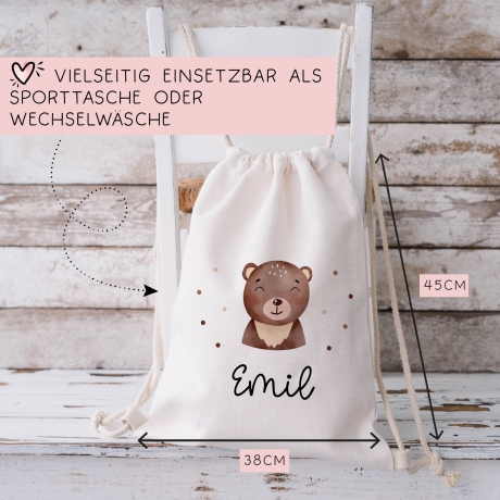 Turnbeutel Rucksack mit Namen und einem Bär -GymBag als Wäschebeutel, Sportbeutel Kinderbeutel für Schule, Kindergarten, Kita.Personalisiert