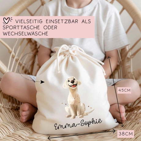 Personalisierte Stofftasche Labrador Hund Name - Kinder Beutel Kindertasche mit Wunschname - Wechselwäsche - Tragetasche - Wechselkleidung