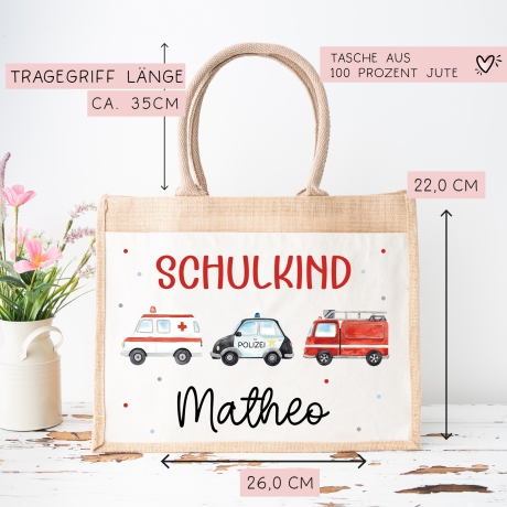 RTW Polizeiwagen Feuerwehr Krankenwagen Schulkind Tasche Wunschnamen | 100% Jute | Geschenk Einschulung | Schultüte personalisiert | Schule