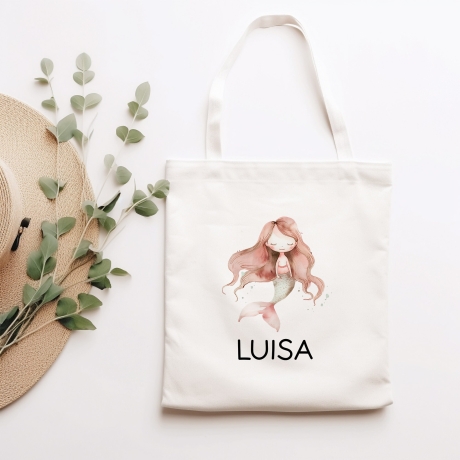 Einschulung Stofftasche Meerjungfrau Personalisiert  Kindergarten Wäschebeutel Kinder-Beutel mit Wunschnamen für Schule, Wechselwäsche
