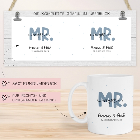 Mr & Mrs Tasse Hochzeit personalisiert Becher mit Wunschnamen und Datum – Namenstasse Hochzeitsgeschenk - Braut Bräutigam – Kaffeetasse