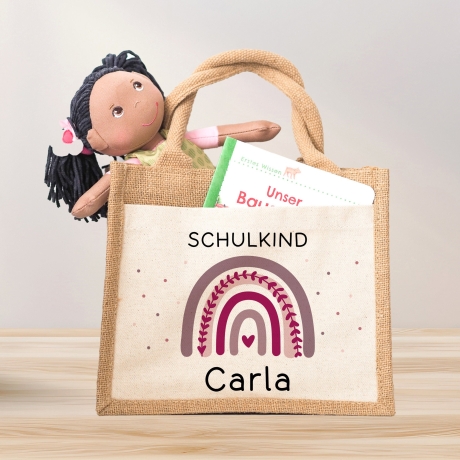 Einschulung - Personalisierte Jute Pocket Tasche | mit Wunschnamen | Schulkind Regenbogen Herz | Lila | als Geschenktasche für Schulanfang