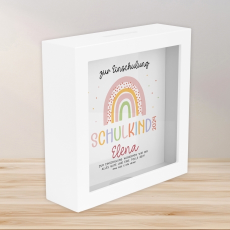 Spardose Regenbogen Rosa Boho Schulkind 2024 Einschulung mit Wunschname Name Kind personalisiert Kinder mit optionalen Wunschtext