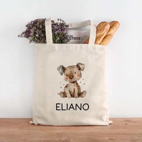 Kinder-Beutel mit Namen personalisiert - Hund - Stofftasche als Sporttasche, Wechselwäsche, Tragetasche - Kita, Kiga, Schule & Kindergarten