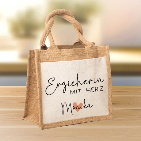 Erzieherin mit Herz - Personalisierte Tasche Jute - Geschenk Juteasche Abschiedsgeschenk Schule Kindergarten - Beste Erzieherin Wunschtext