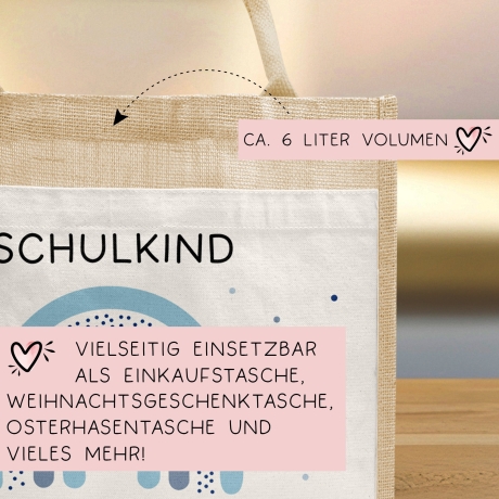 Einschulung - Personalisierte Jute Pocket Tasche | mit Wunschnamen | Schulkind Regenbogen Herz | Blau | als Geschenktasche für Schulanfang