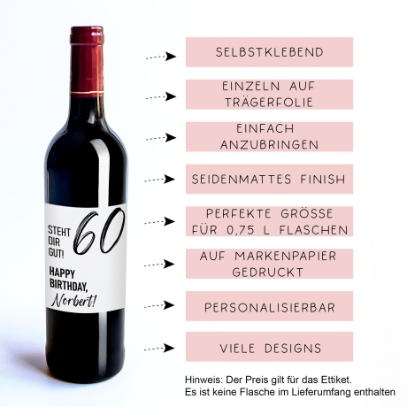 Weinetikett personalisiert, Geburtstags - Weinetikett für runde Geburtstage 20. 30. 40. 50. 60. Geburtstag - Schwarz