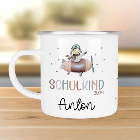 Schulanfang  Kindertasse Schulkind Flugzeug Name Emaille Tasse Kind Kindergeschirr personalisiert Kinder Geschenk Geburtstagsgeschenk