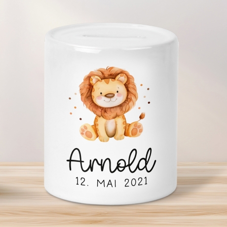 Personalisierte Kinder Spardose Löwe Tier mit Namen optional mit Datum - Gelb - Geschenk für Junge & Mädchen zum Geburtstag Weihnachten