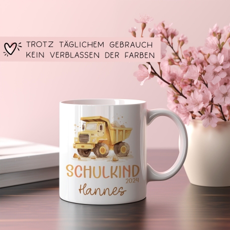 LKW Kipplaster Kindertasse Schulkind 2024 Name Kakao Tasse Kind Kindergeschirr personalisiert Kinder Geschenk Geburtstagsgeschenk