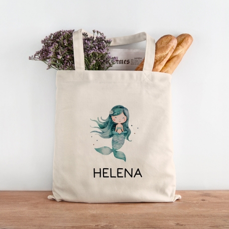 Stofftasche Meerjungfrau Personalisiert mit Wunschnamen Kinder-Beutel für Schule, Kindergarten,  Wäschebeutel, Sportbeutel, Wechselwäsche