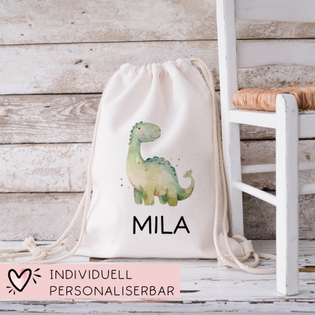 Brontosaurus Turnbeutel Dino Dinosaurier Personalisiert mit Wunschnamen | Rucksack Schule, Kindergarten, KITA, Wäschebeutel, Sportbeutel