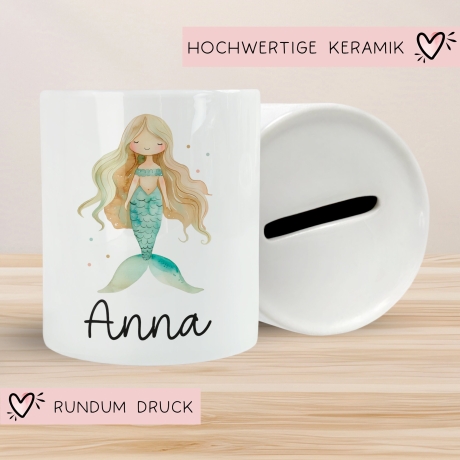 Spardose Meerjungfrau Personalisiert mit Name oder Wunschnamen für Mädchen aus Keramik. Geschenk Taufe, Geburtstag od. Weihnachten - 08