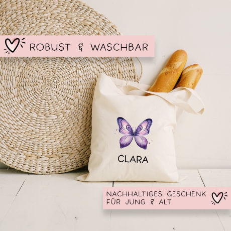 Schmetterling Lila Stofftasche Personalisiert und Namen. Für Schule und Kindergarten - Wäschebeutel Wechselwäsche Sport | Mädchen & Junge