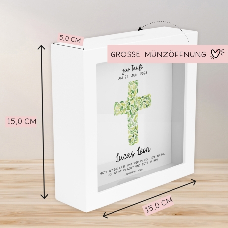 Kreuz Grün Holz Spardose Taufe personalisiert mit Namen zur Geburt Kommunion Konfirmation eines Kindes mit Taufspruch als Geldgeschenk
