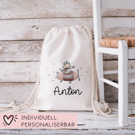 Flugzeug Turnbeutel Rucksack mit Namen - GymBag als Wäschebeutel, Sportbeutel Kinderbeutel für Schule, Kindergarten, Kita. Personalisiert